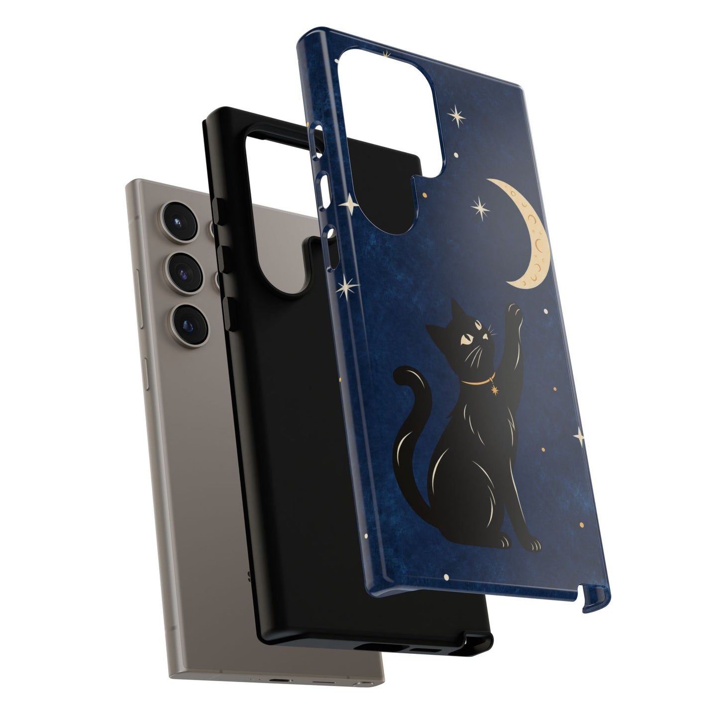 Whimsical Navy Blue Celestial Black Cat Phone Case