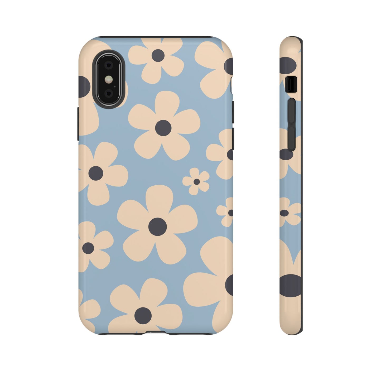 iPhone X / Glossy Phone Case - Cute Light Blue & Cream Daisy Pattern Phone Case