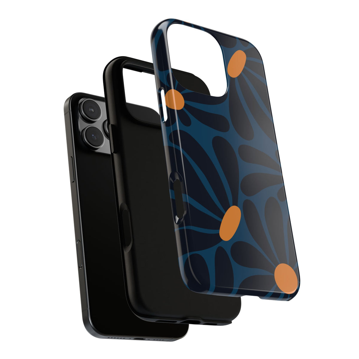Dark Blue & Orange Daisy Pattern Phone Case - Blue Phone Case