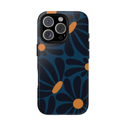 iPhone 16 Pro / Glossy Phone Case - ’Dark Blue & Orange Daisy Pattern’ Phone Case