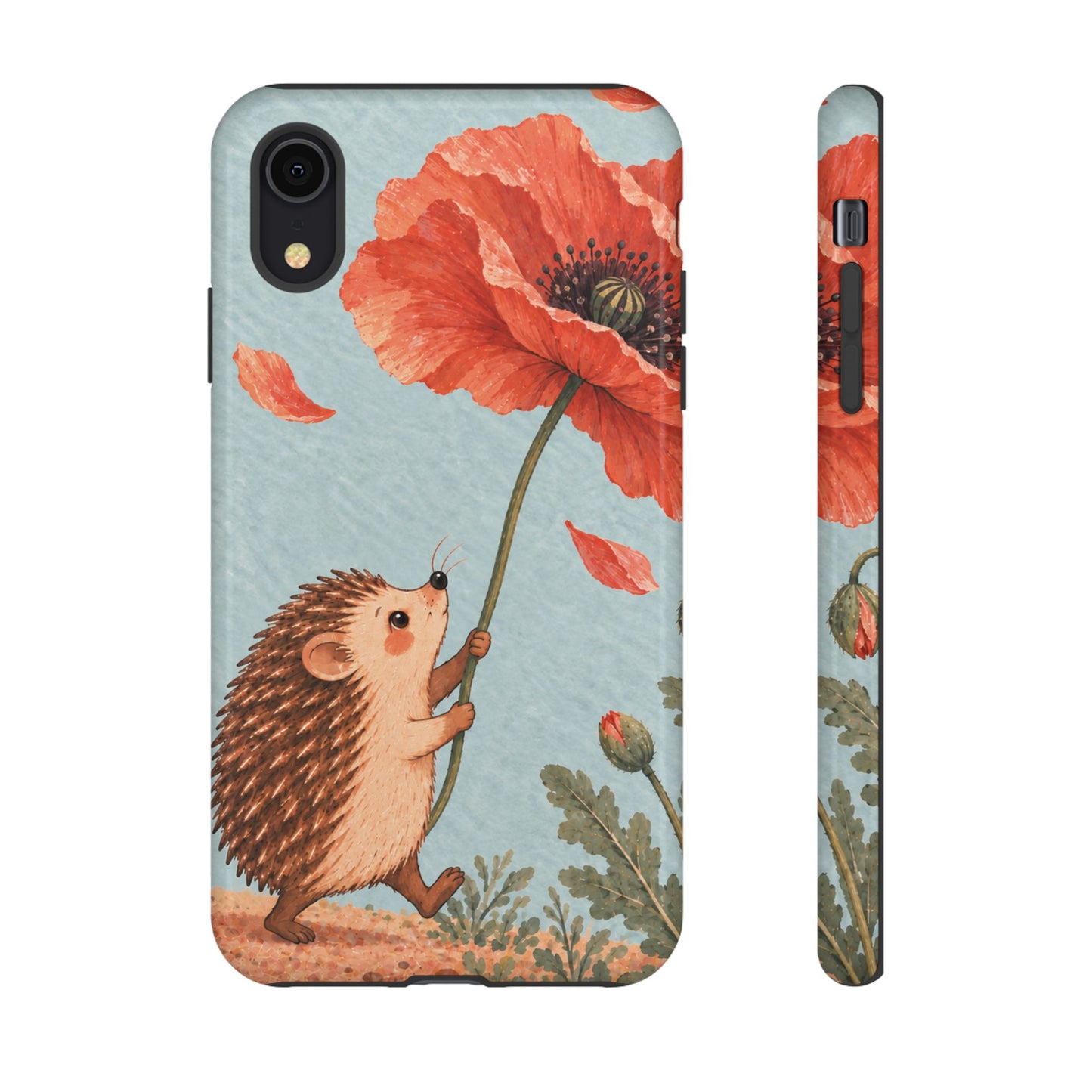 Whimsical Pale Blue Hedgehog and Poppy Phone Case - Blue Phone Case - iPhone XR / Glossy