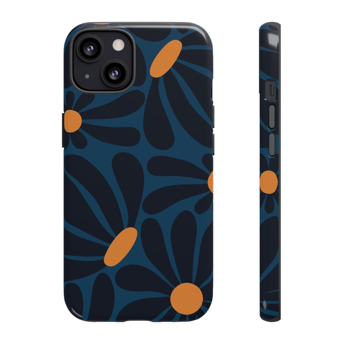 Dark Blue & Orange Daisy Pattern Phone Case - Blue Phone Case - iPhone 13 / Glossy