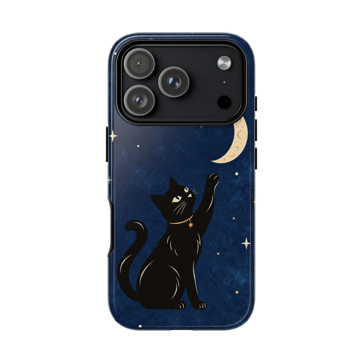 Whimsical Navy Blue Celestial Black Cat Phone Case