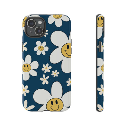 Fun Retro Daisy Pattern with Blue Background Phone Case - Blue Phone Case - iPhone 15 Plus / Glossy