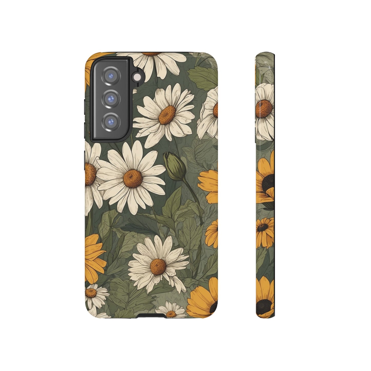 Samsung Galaxy S21 FE / Glossy Phone Case - Boho Chic Daisies Floral Pattern ’White & Yellow’ Phone Case
