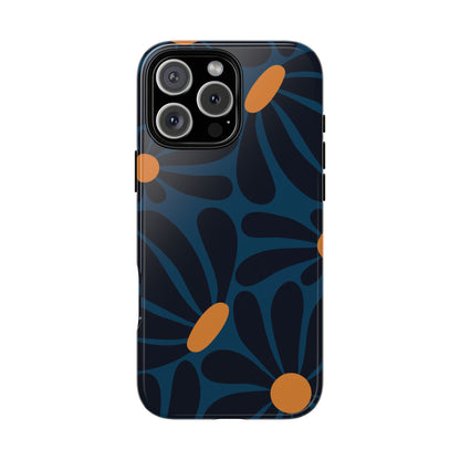 Dark Blue & Orange Daisy Pattern Phone Case - Blue Phone Case - iPhone 16 Pro Max / Glossy