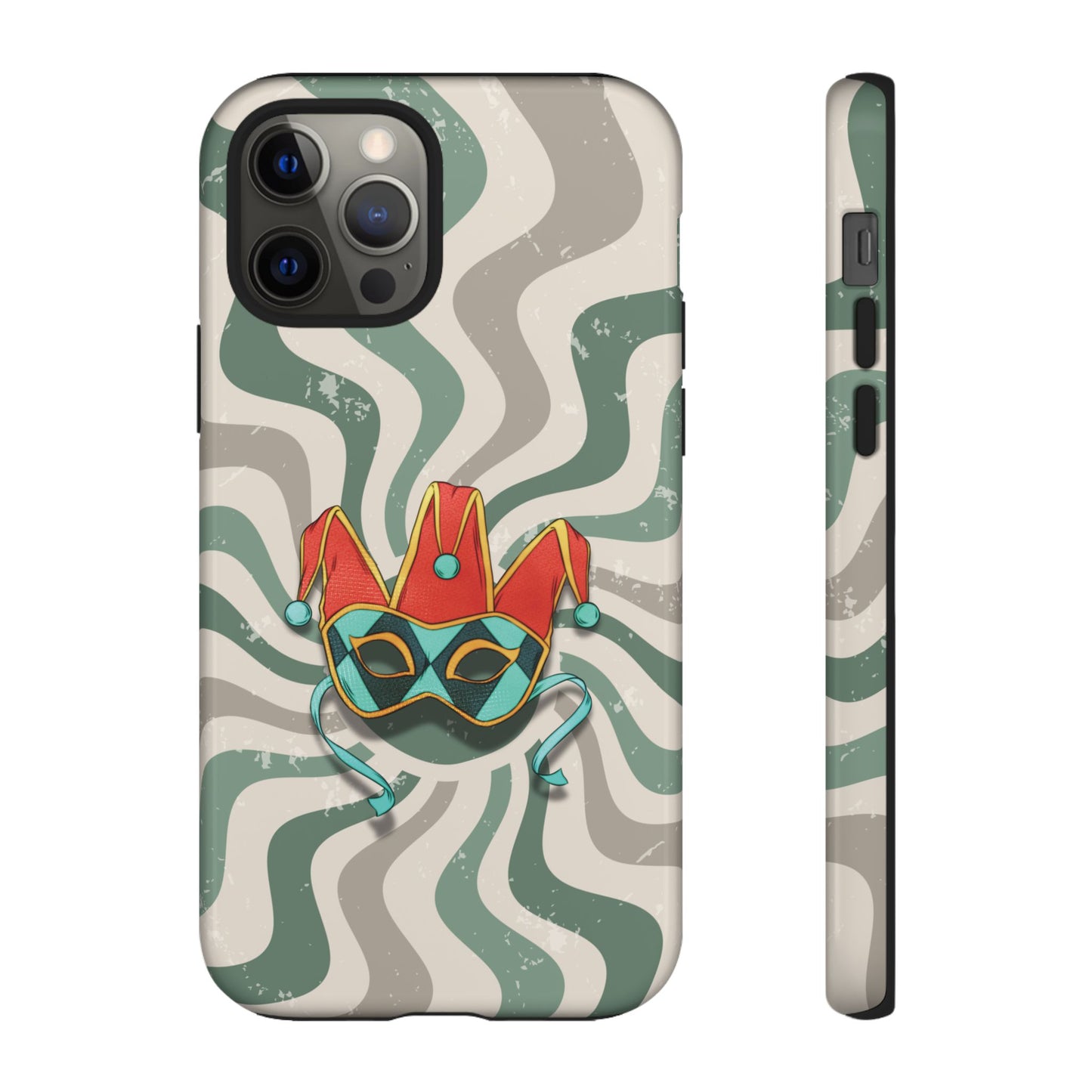 iPhone 12 Pro / Glossy Phone Case - Venetian Jester Mask – Green Retro Soft Revival Phone Case