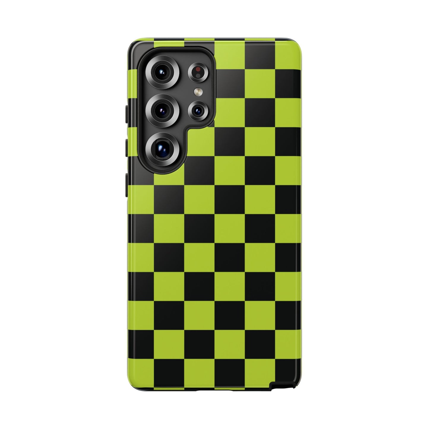 Samsung Galaxy S25 Ultra / Glossy Phone Case - Trendy Neon Lime Green & Black Checked Pattern Phone Case