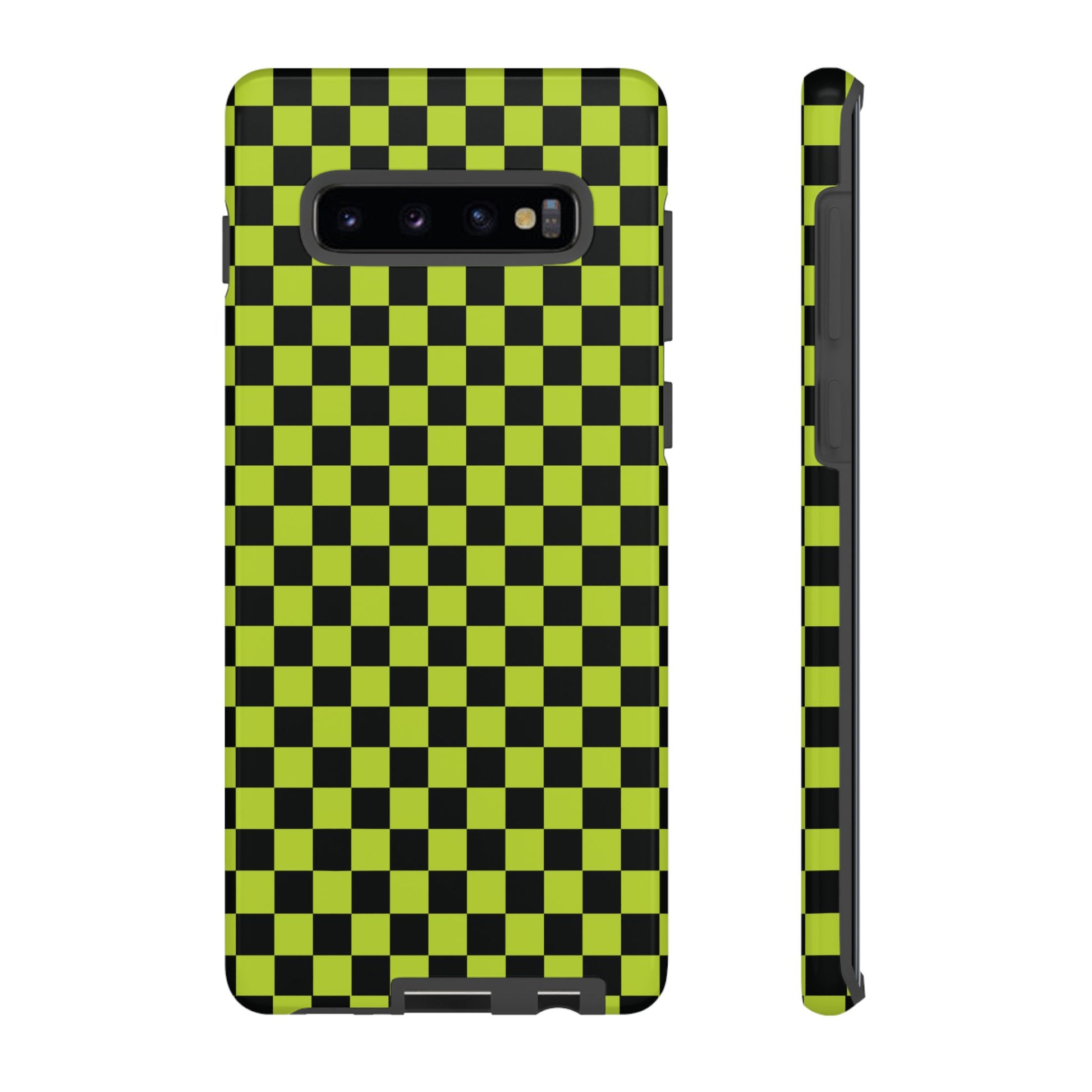 Samsung Galaxy S10 Plus / Glossy Phone Case - Trendy Neon Lime Green & Plum Small Checked Pattern Phone Case