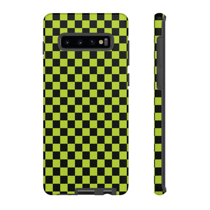 Samsung Galaxy S10 Plus / Glossy Phone Case - Trendy Neon Lime Green & Plum Small Checked Pattern Phone Case