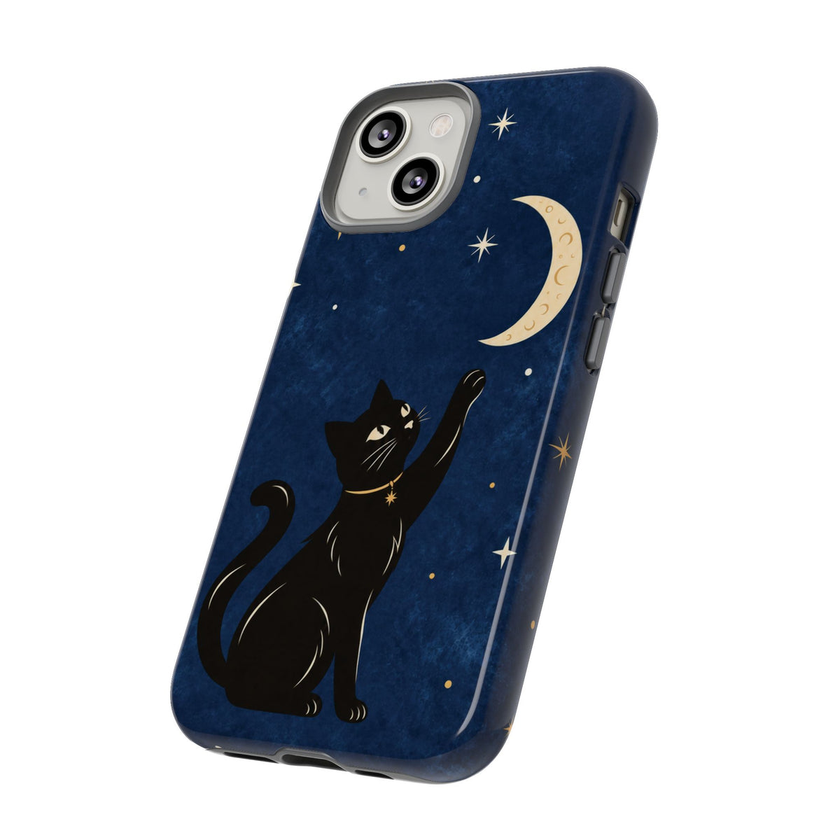 Whimsical Navy Blue Celestial Black Cat Phone Case