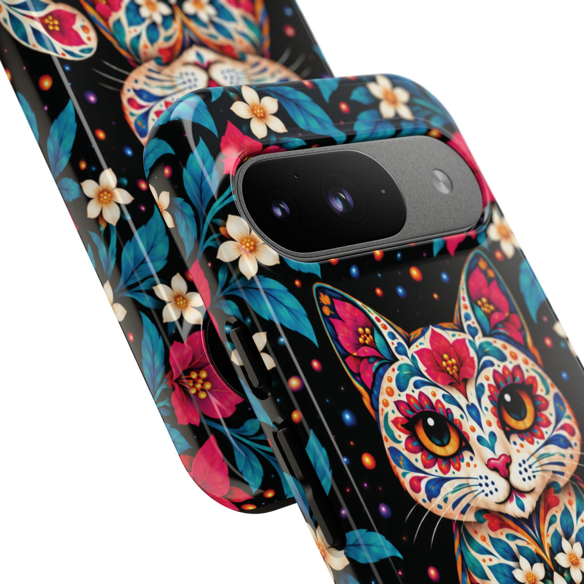 Vibrant Pink and Turquoise Calavera Cat Phone Case - Multicolor Phone Case