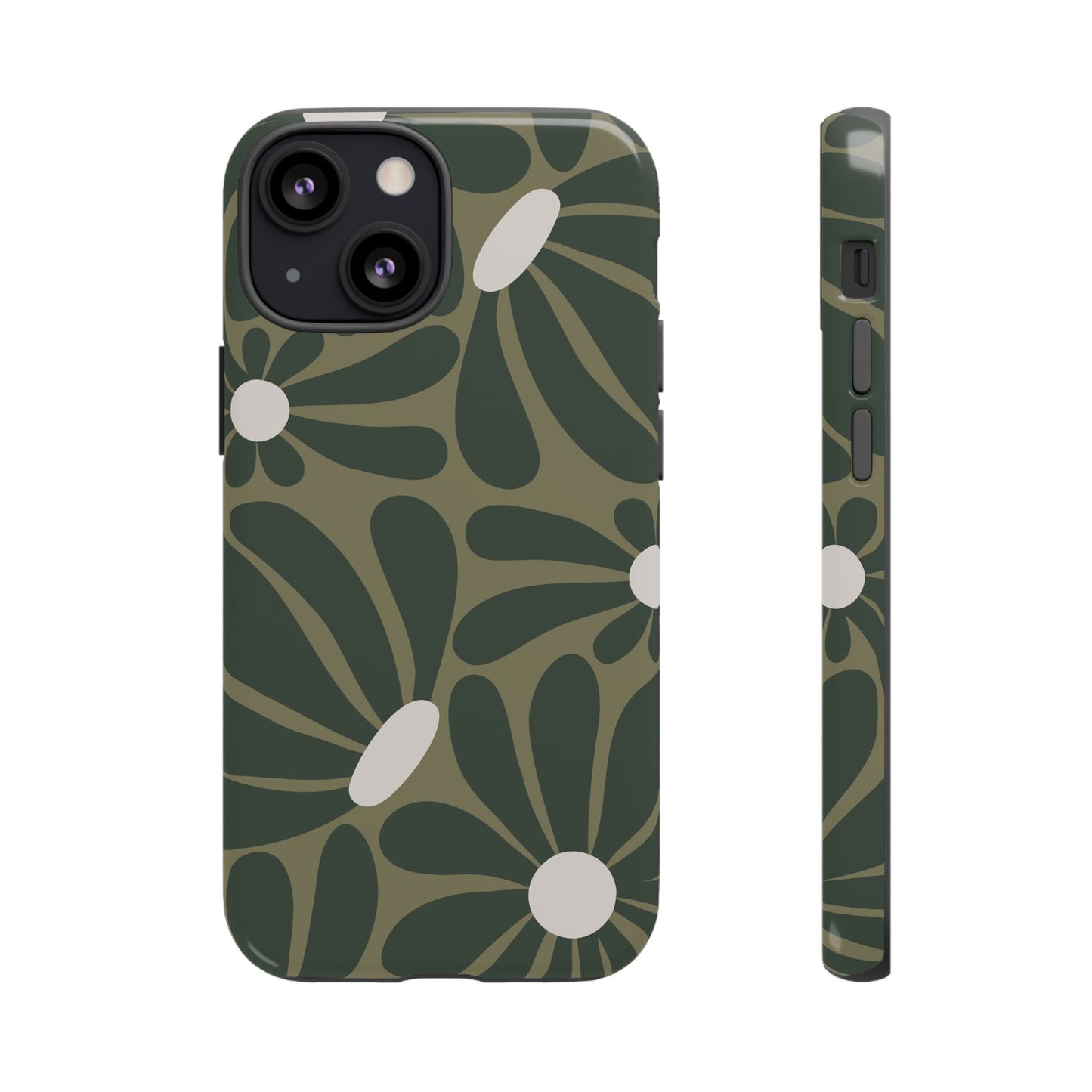 iPhone 13 Mini / Glossy Phone Case - ’Retro Olive Green Daisy Pattern’ Phone Case