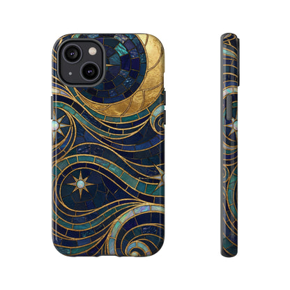 Elegant Navy & Gold Crescent Moon Mosaic Phone Case