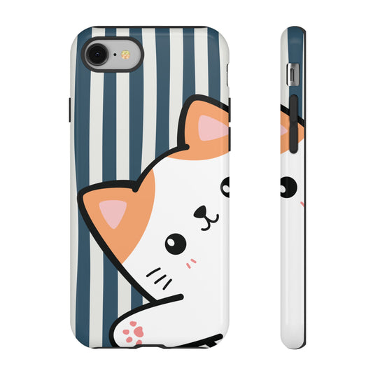 Playful Peakaboo Cat with Blue Stripe Pattern Phone Case - Blue Phone Case - iPhone 8 / Glossy