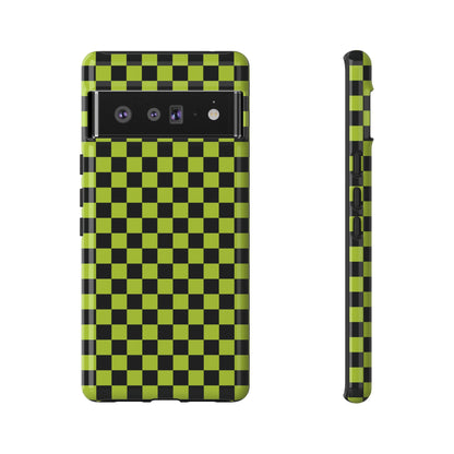Google Pixel 6 Pro / Glossy Phone Case - Trendy Neon Lime Green & Plum Small Checked Pattern Phone Case