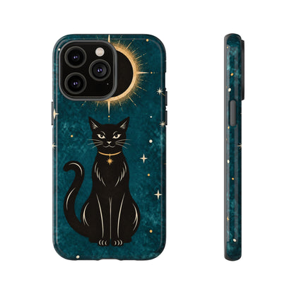 Whimsical Teal Celestial Black Cat Phone Case