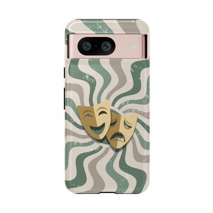 Google Pixel 8 / Glossy Phone Case - Comedy & Tragedy Masks – Green Minimal Retro Wave Phone Case