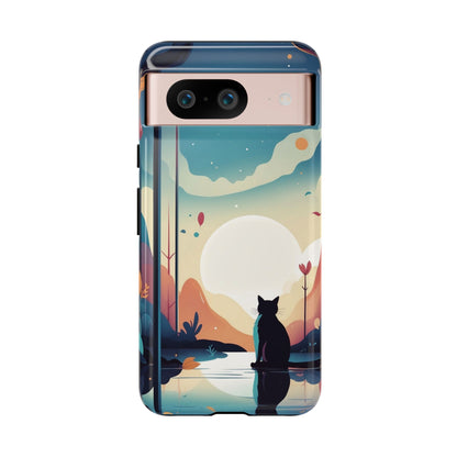 Google Pixel 8 / Glossy Phone Case - Stylised Cat & Moon Design Phone Case
