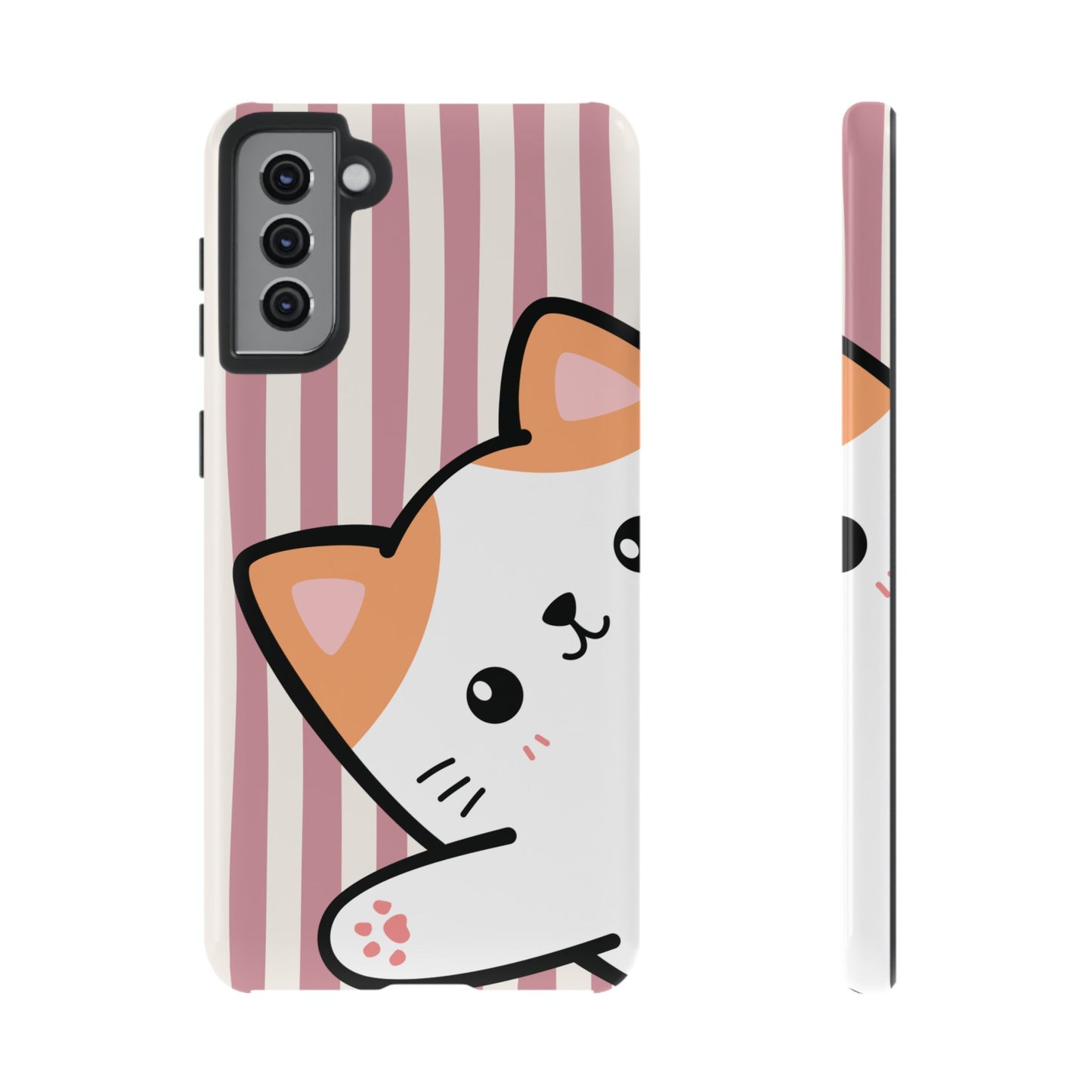 Playful Peakaboo Cat with Pink Stripe Pattern Phone Case - Pink Phone Case - Samsung Galaxy S21 Plus / Glossy