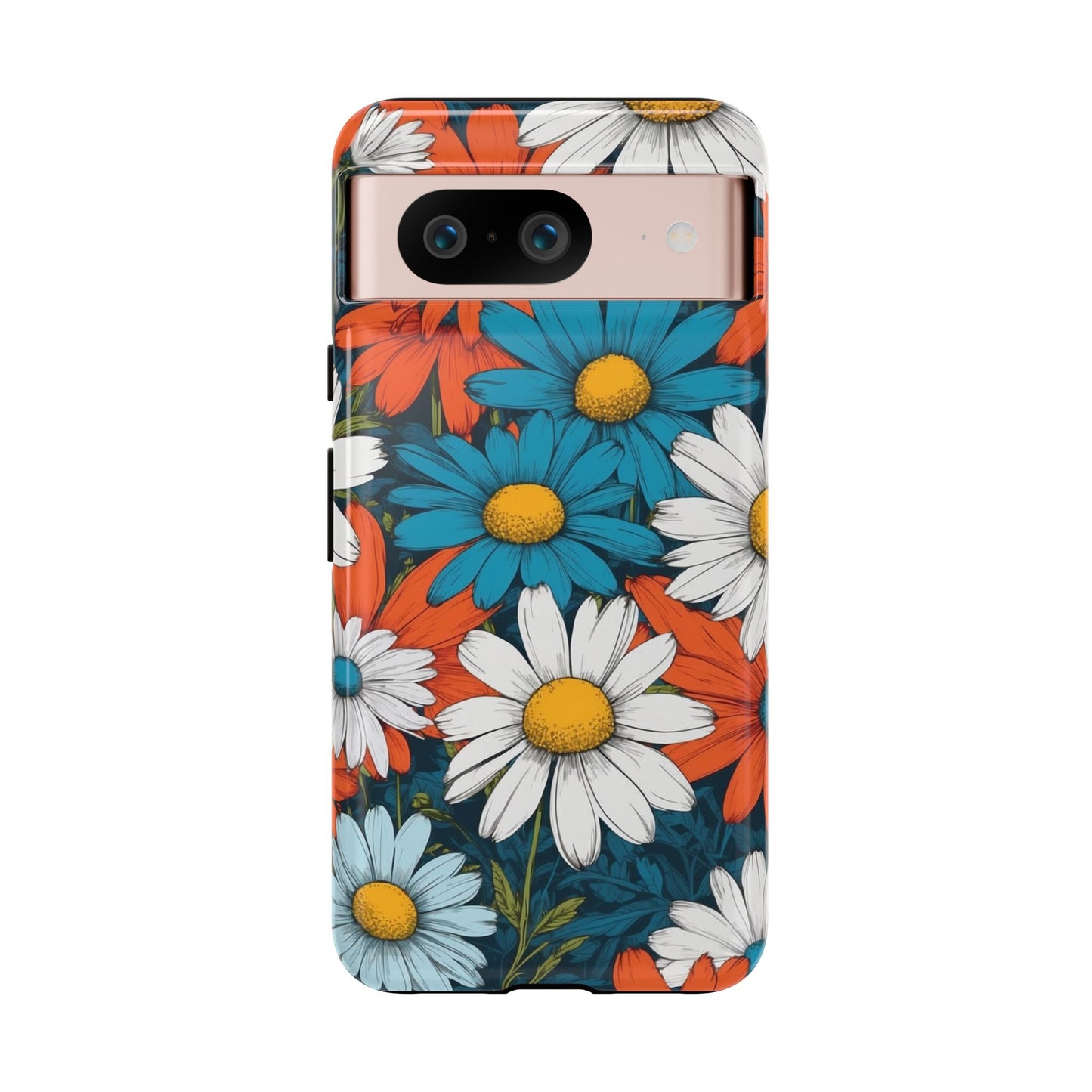 Google Pixel 8 / Glossy Phone Case - Pop Art Daisies Illustration ’Red & Blue’ Phone Case