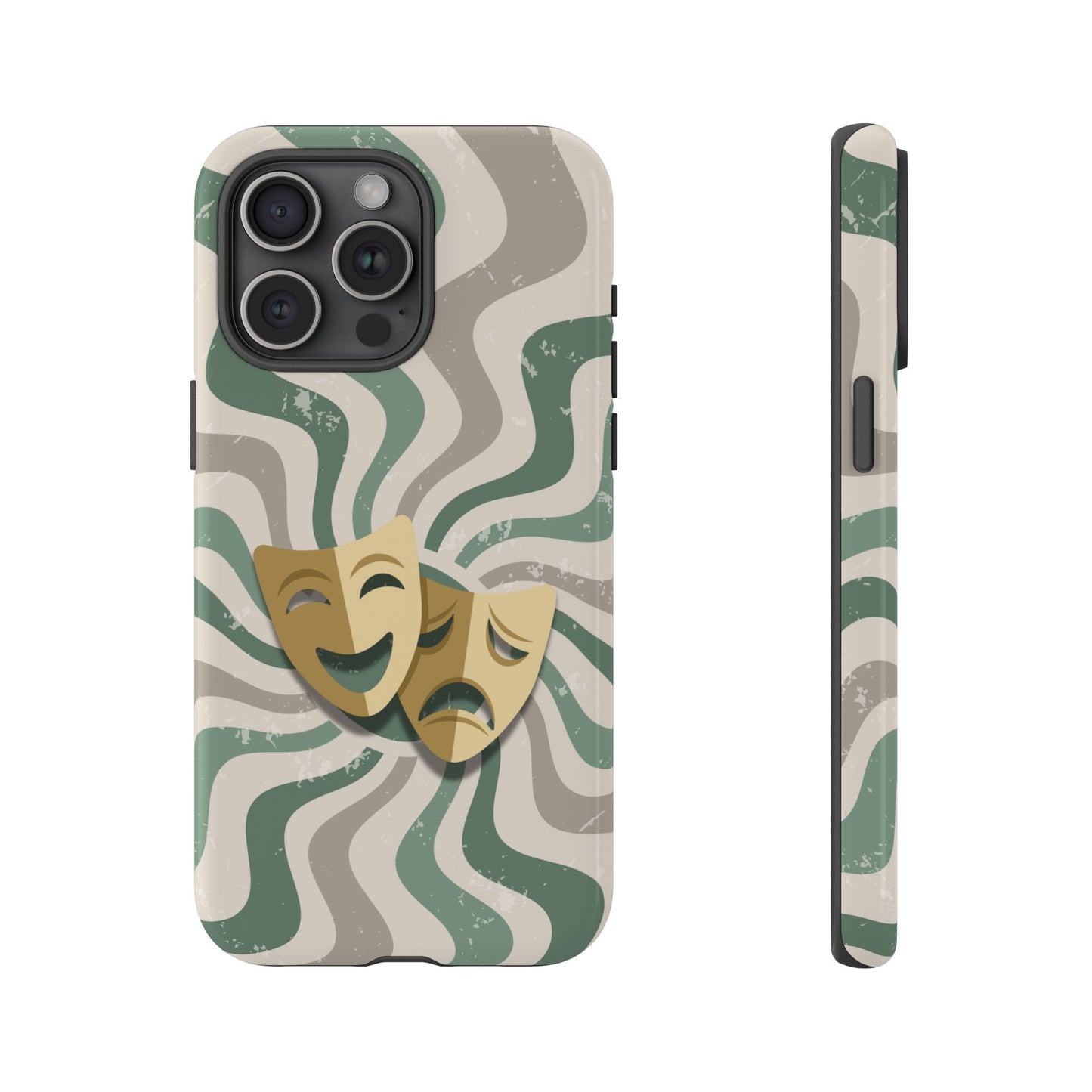 iPhone 15 Pro Max / Glossy Phone Case - Comedy & Tragedy Masks – Green Minimal Retro Wave Phone Case