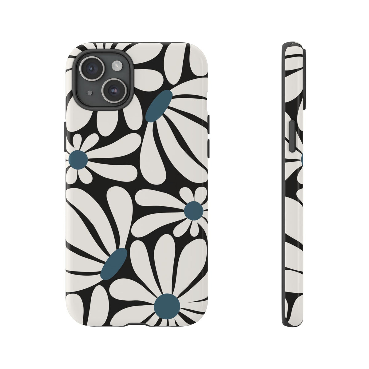 Retro Black Daisy Pattern Phone Case - Black Phone Case - iPhone 15 Plus / Glossy