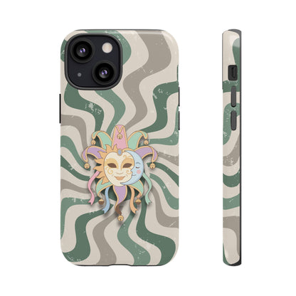 iPhone 13 Mini / Glossy Phone Case - Sun & Moon Jester Mask – Green Retro Wave Phone Case