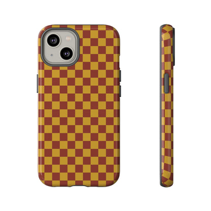 iPhone 14 / Glossy Phone Case - Trendy Mustard & Burgandy Small Checked Pattern Phone Case