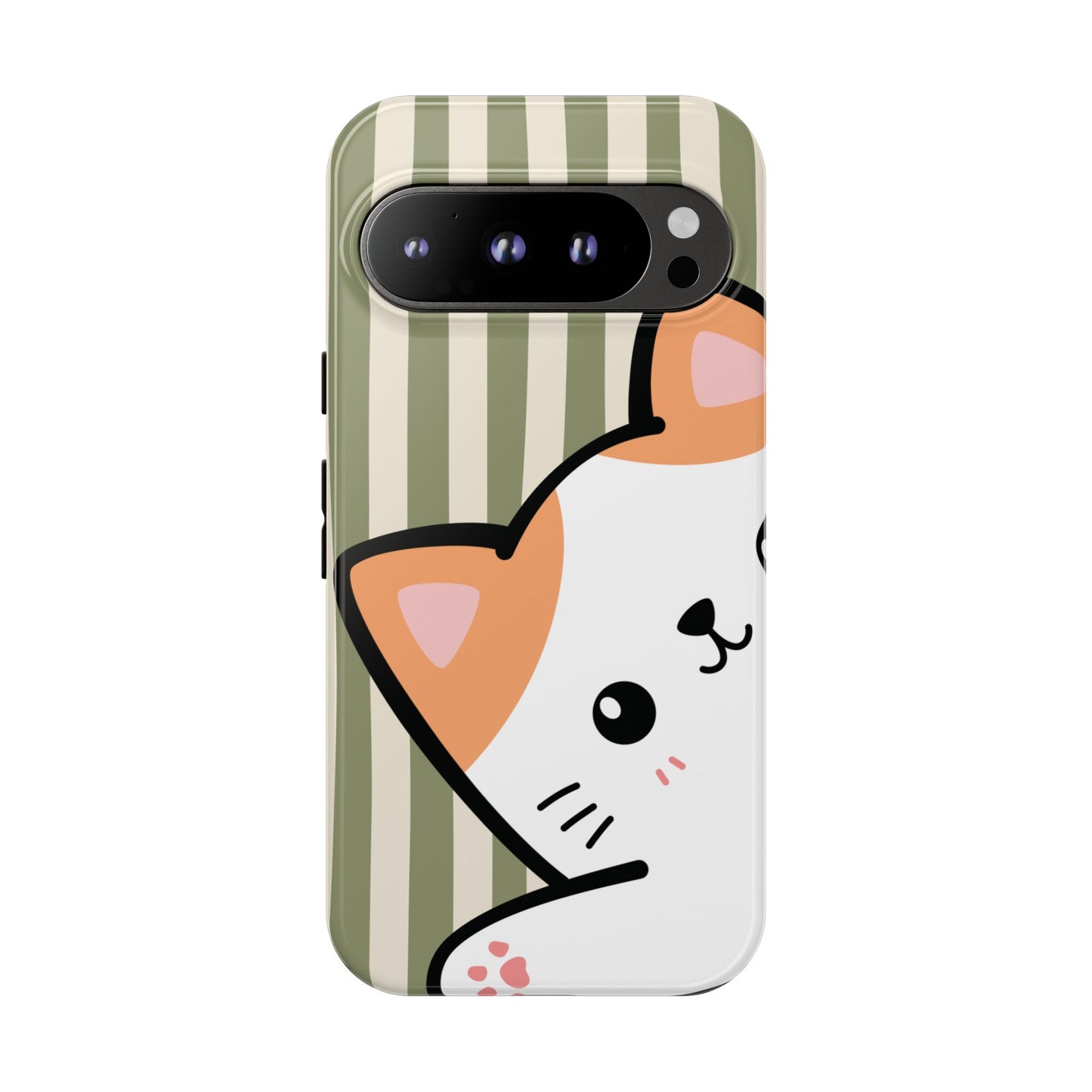 Google Pixel 9 Pro / Glossy Phone Case - Peakaboo Cat with Green Stripe Pattern Phone Case