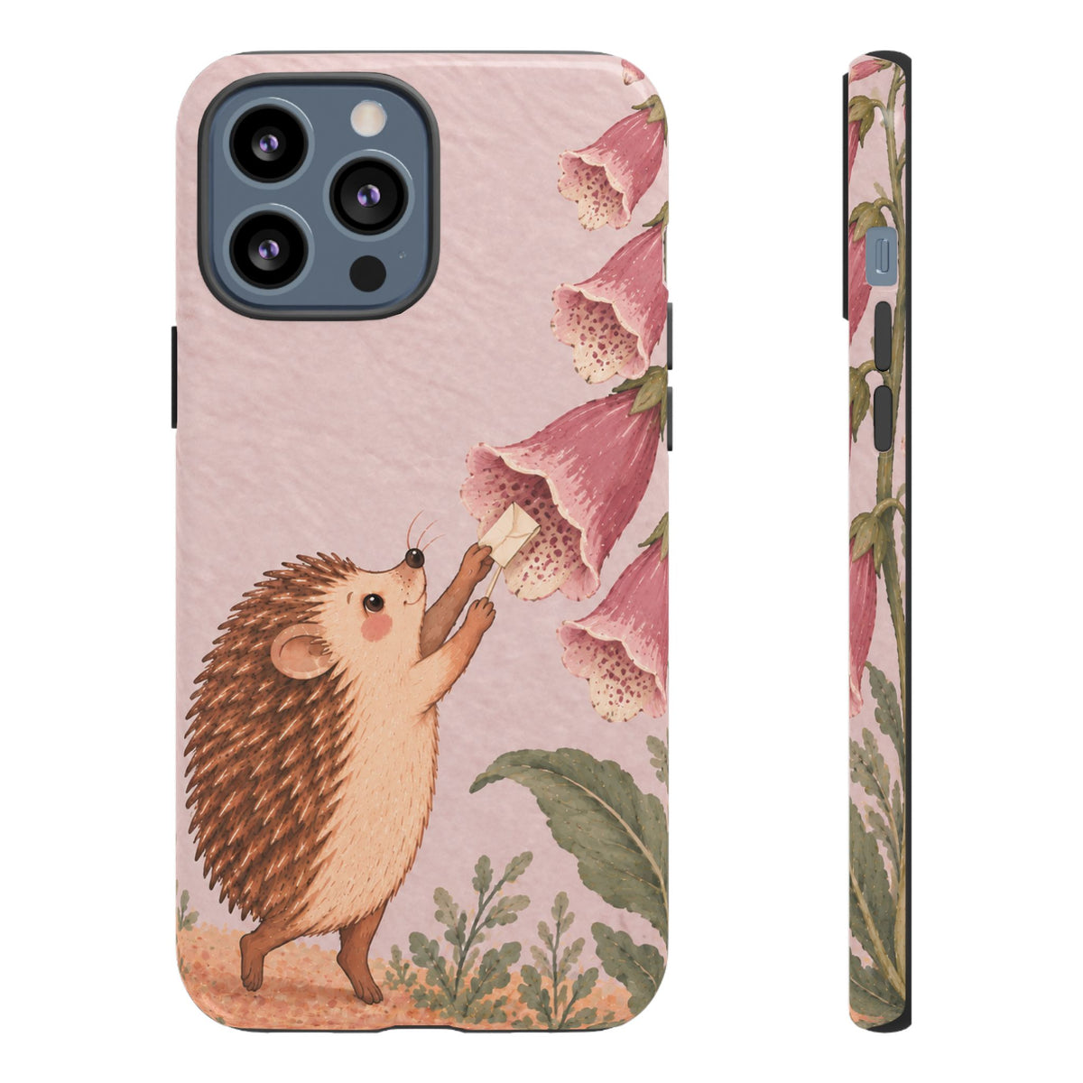 Whimsical Blush Pink Hedgehog and Foxglove Phone Case - Pink Phone Case - iPhone 13 Pro Max / Glossy