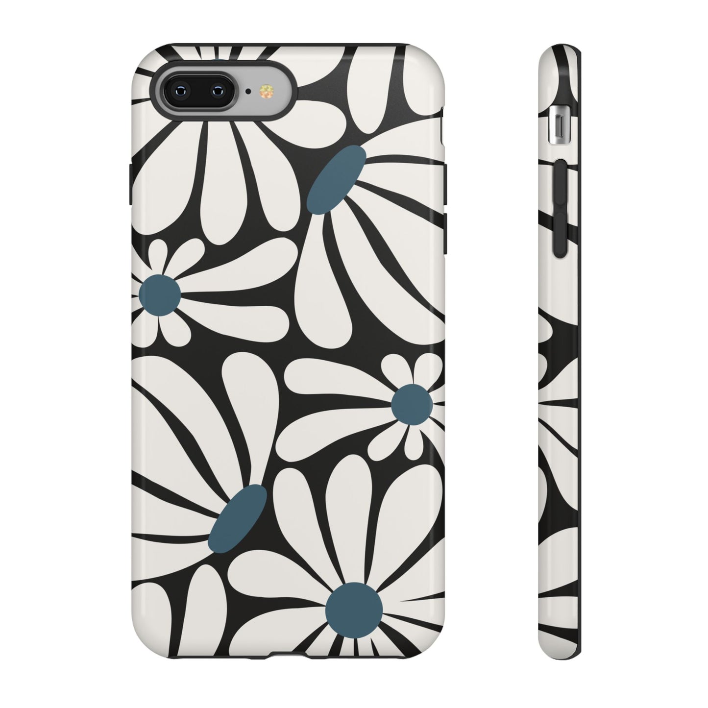 iPhone 8 Plus / Glossy Phone Case - Retro Black Daisy Pattern Phone Case