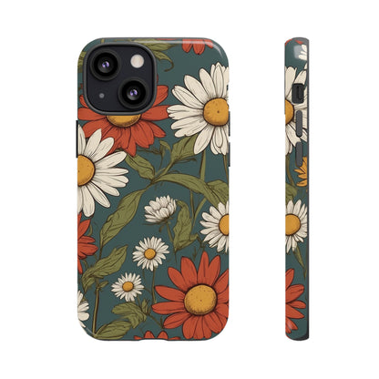 iPhone 13 Mini / Glossy Phone Case - Boho Chic Daisies Floral Pattern ’White & Red’ Phone Case