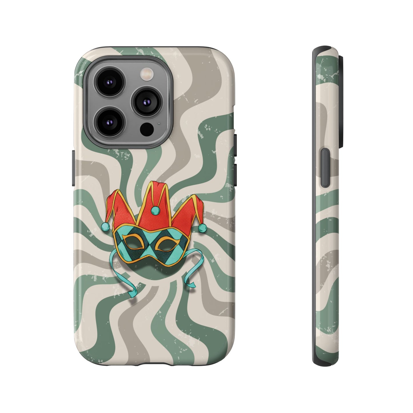 iPhone 14 Pro / Glossy Phone Case - Venetian Jester Mask – Green Retro Soft Revival Phone Case