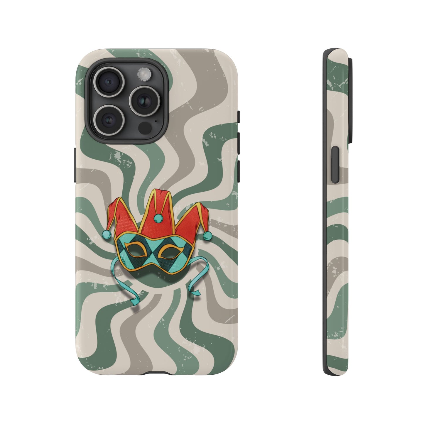 iPhone 15 Pro Max / Glossy Phone Case - Venetian Jester Mask – Green Retro Soft Revival Phone Case