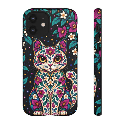 Vibrant Purple and Teal Calavera Cat Phone Case - Multicolor Phone Case - iPhone 12 / Glossy