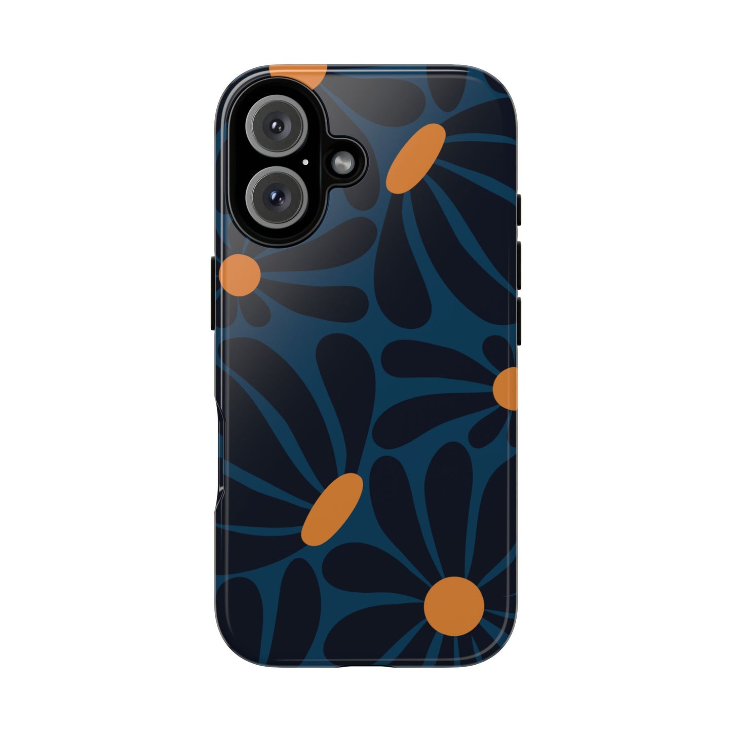 iPhone 16 / Glossy Phone Case - ’Dark Blue & Orange Daisy Pattern’ Phone Case