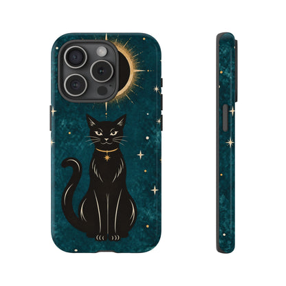 Whimsical Teal Celestial Black Cat Phone Case