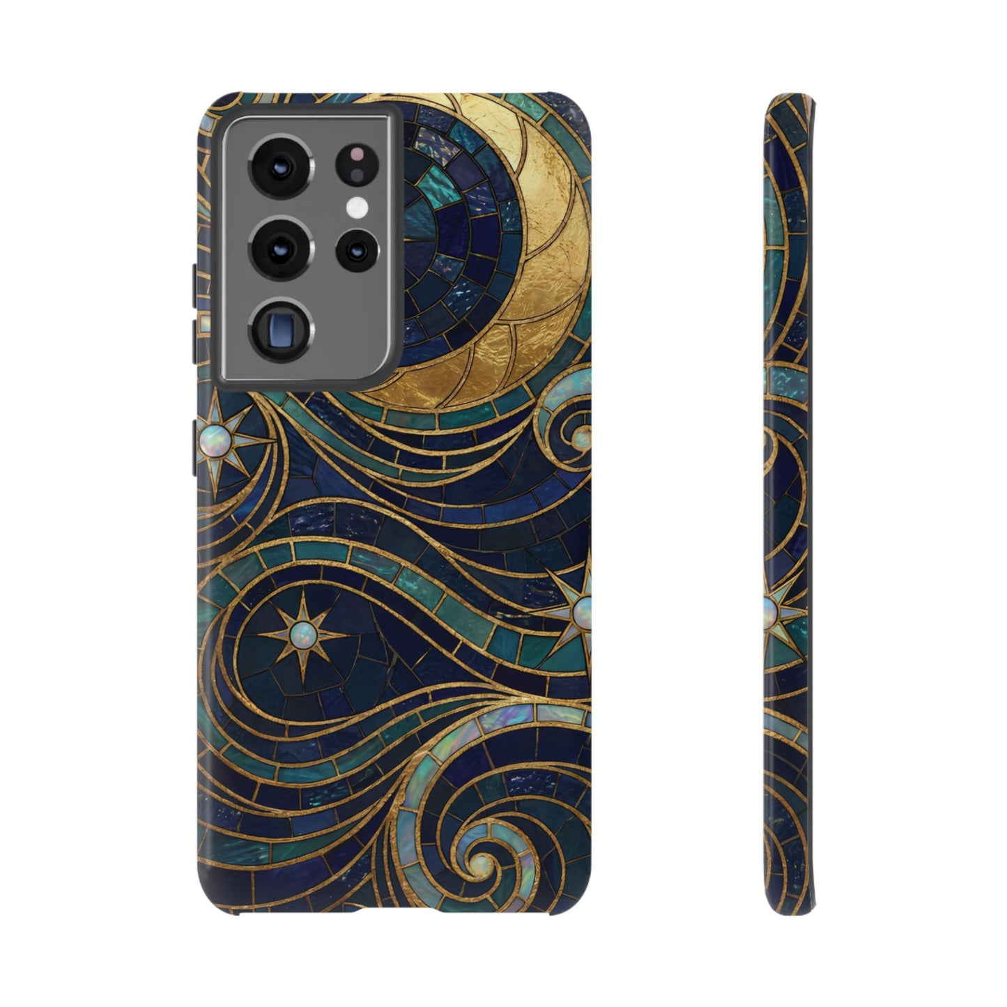 Elegant Navy & Gold Crescent Moon Mosaic Phone Case