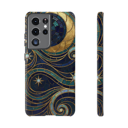 Elegant Navy & Gold Crescent Moon Mosaic Phone Case