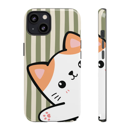 iPhone 13 / Glossy Phone Case - Peakaboo Cat with Green Stripe Pattern Phone Case