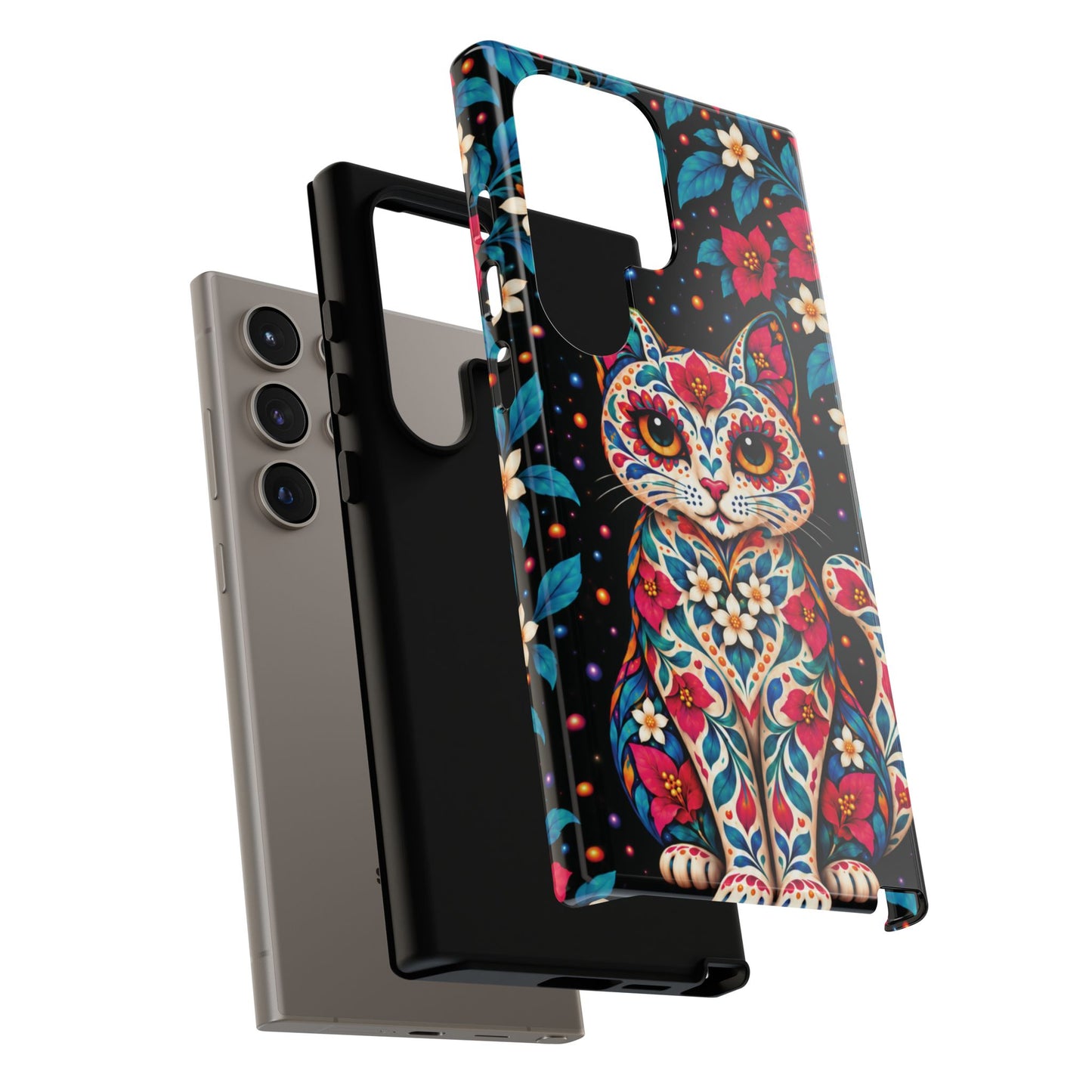 Vibrant Pink and Turquoise Calavera Cat Phone Case - Multicolor Phone Case