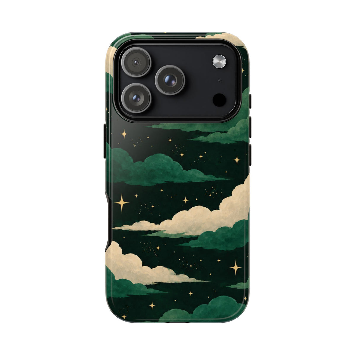 Illustrated Emerald Green Clouds & Stars Phone Case - Green Phone Case - iPhone 18 Pro / Glossy