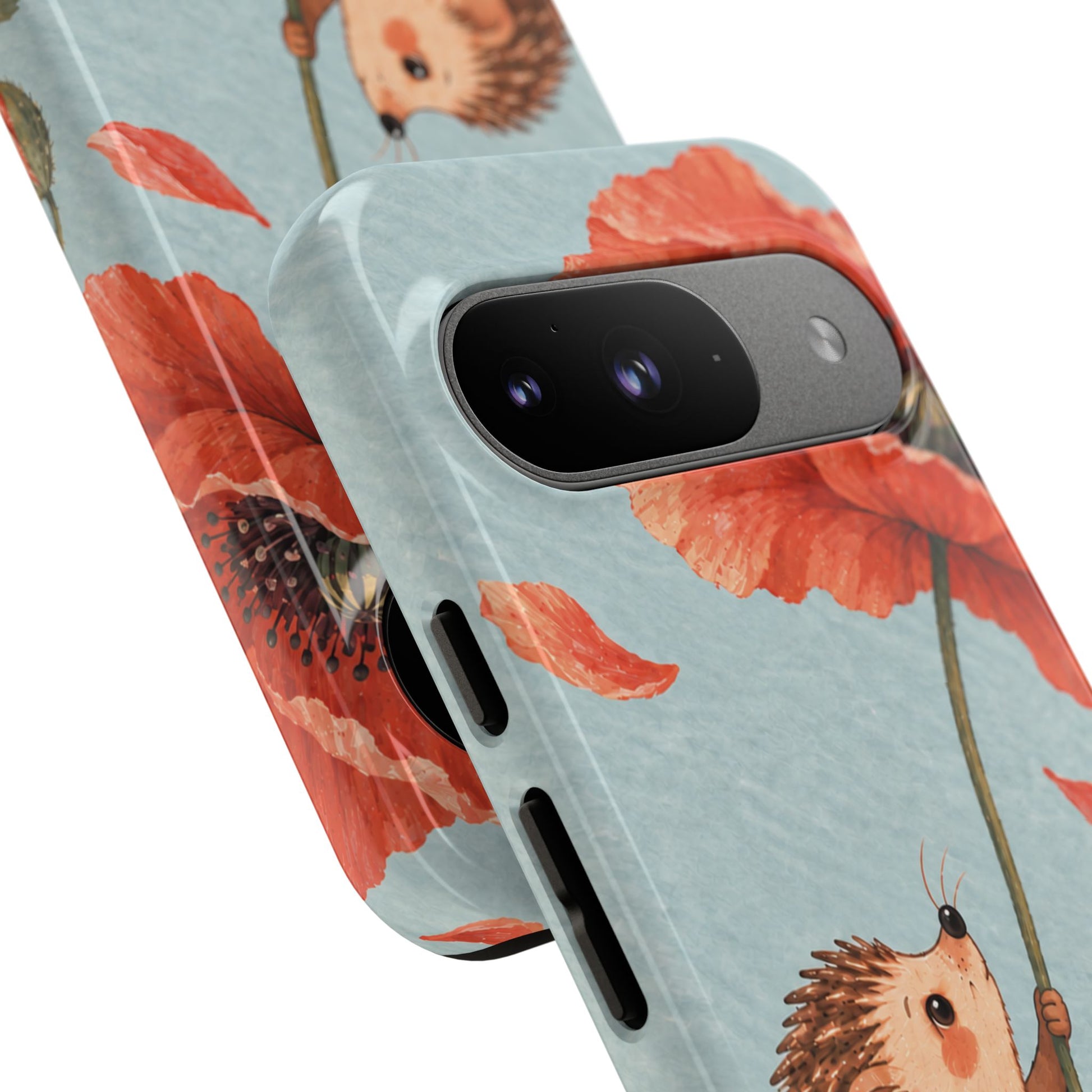 Whimsical Pale Blue Hedgehog and Poppy Phone Case - Blue Phone Case