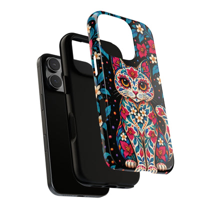 Vibrant Pink and Turquoise Calavera Cat Phone Case - Multicolor Phone Case