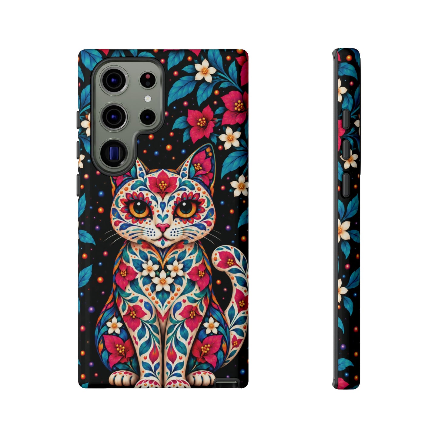 Vibrant Pink and Turquoise Calavera Cat Phone Case - Multicolor Phone Case - Samsung Galaxy S23 Ultra / Glossy