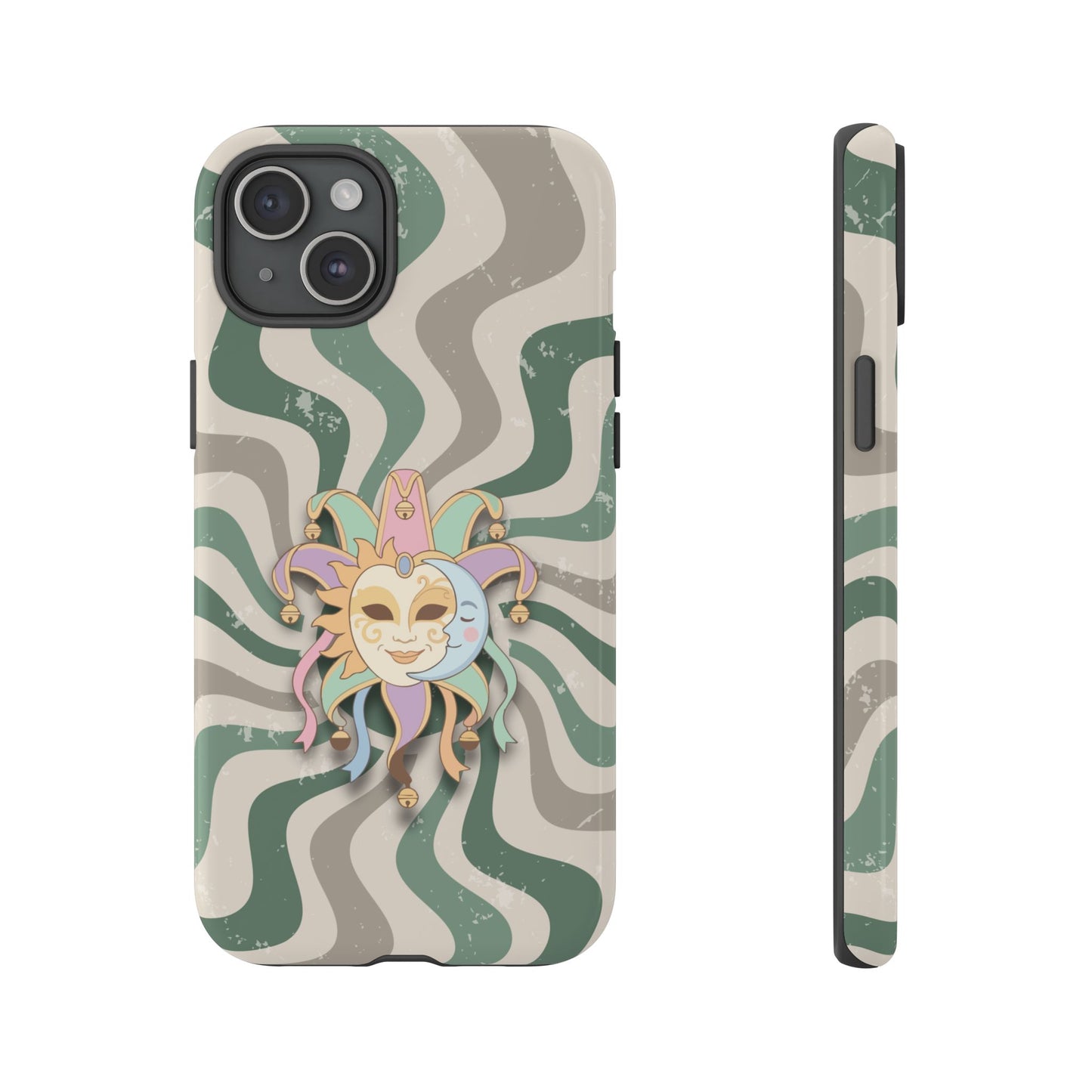iPhone 15 Plus / Glossy Phone Case - Sun & Moon Jester Mask – Green Retro Wave Phone Case