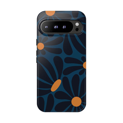 Google Pixel 9 Pro XL / Glossy Phone Case - ’Dark Blue & Orange Daisy Pattern’ Phone Case
