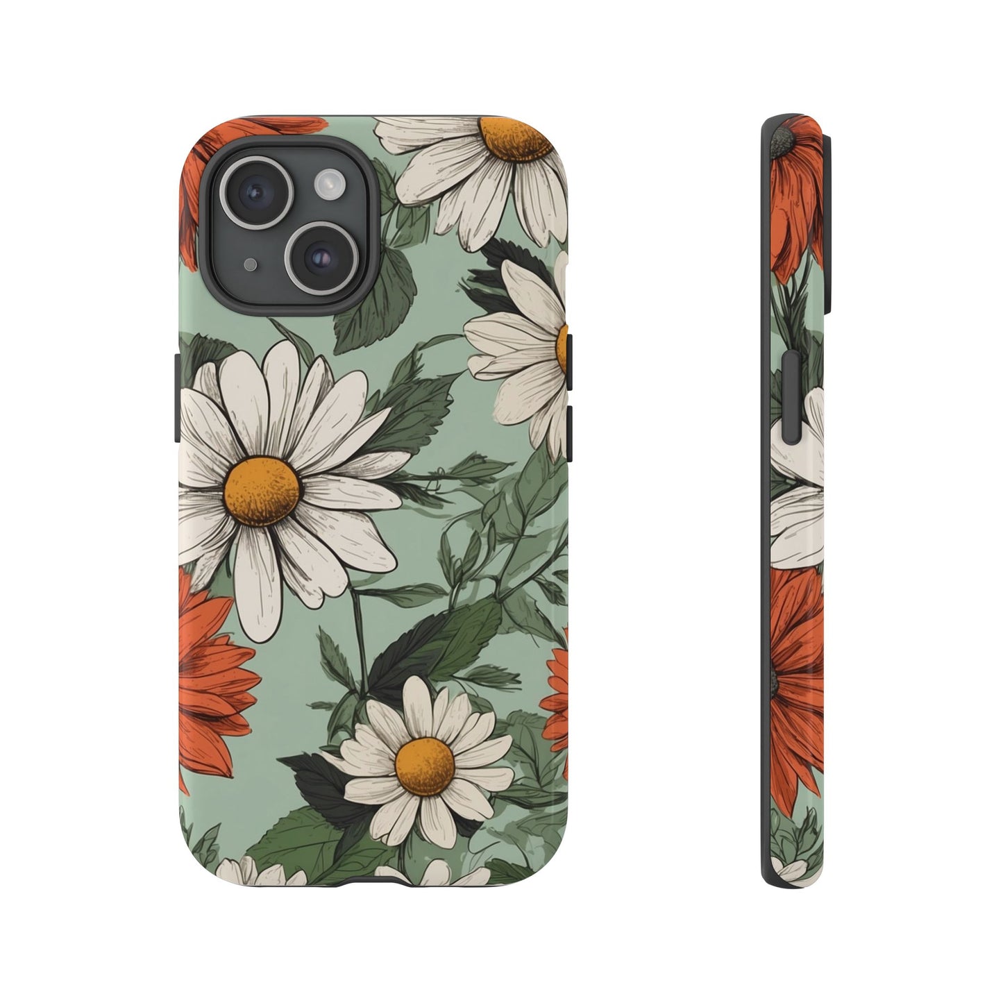iPhone 15 / Glossy Phone Case - Boho Chic Daisies Floral Pattern ’White & Orange’ Phone Case