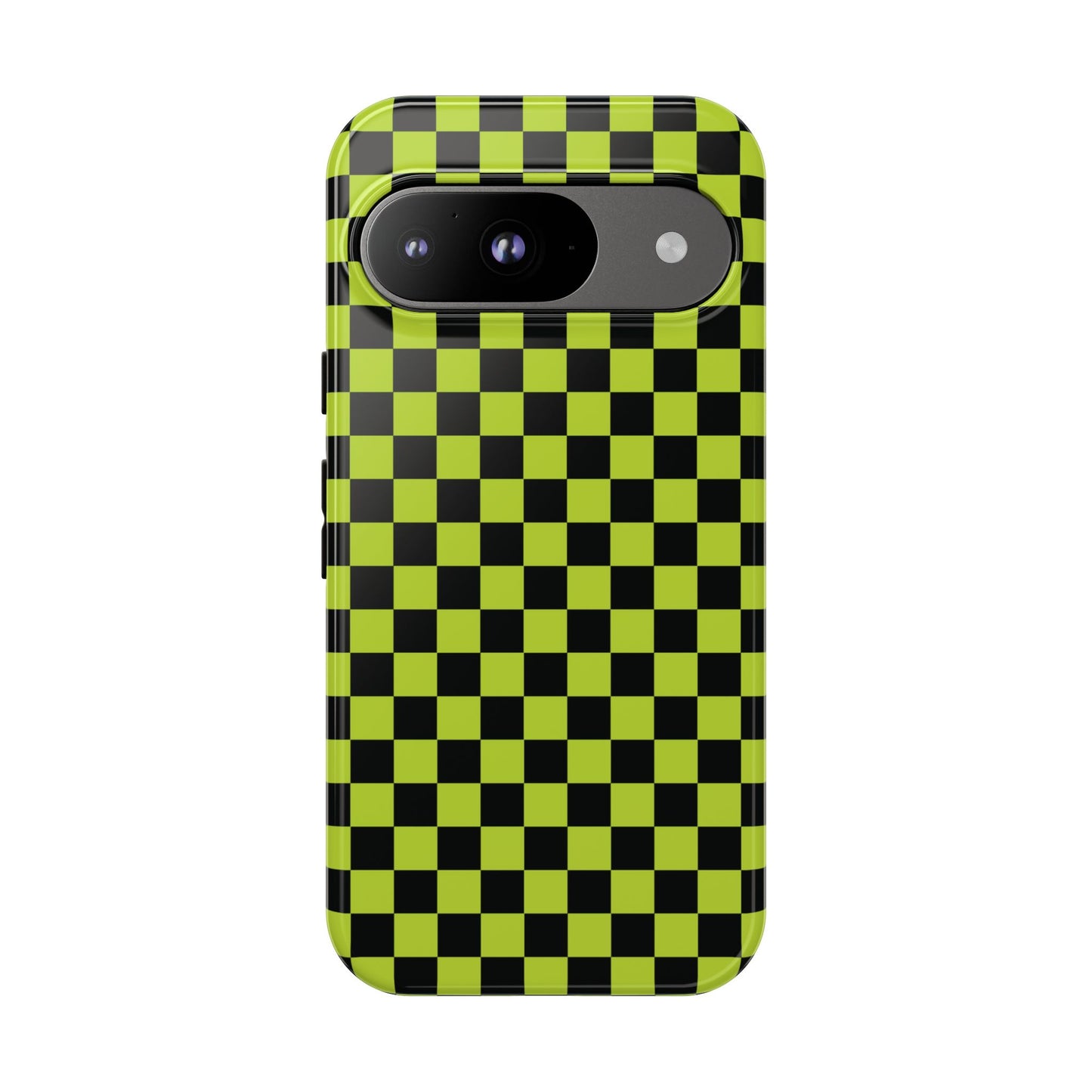 Google Pixel 9 / Glossy Phone Case - Trendy Neon Lime Green & Plum Small Checked Pattern Phone Case